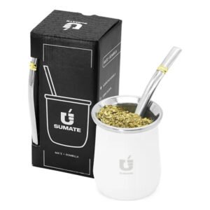 Mate Termico Sumate Acero Inoxidable Mas Bombilla Premium Color King Blanco